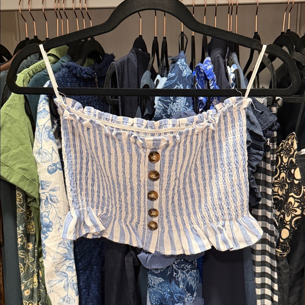 SHEIN Blue and White Striped Smocked Button-Front Crop Top
